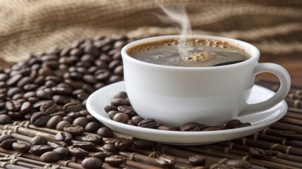 Freshly Brewed Coffee in a White Cup with Beans