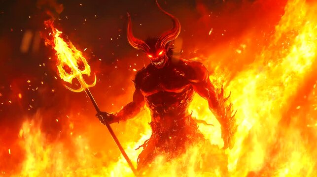 A towering demon with glowing eyes, massive horns, and a fiery trident, engulfed in flames, exudes terrifying power. Looping 4k video animation background