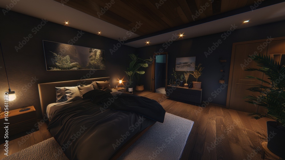 Wall mural Cozy Modern Bedroom with Warm Lighting and Plants