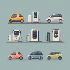 Naklejka premium Electric car charging at station vector art set flat color minimalist, with copy space