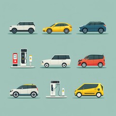 Electric car charging at station vector art set flat color minimalist, with copy space
