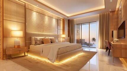 Naklejka premium Modern Elegant Bedroom with Soft Lighting and View