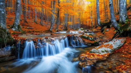 Serene Autumn Stream in Colorful Forest Landscape