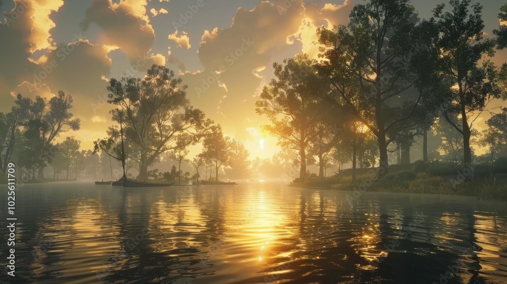 Wall mural Serene Sunset Over Tranquil Lake with Lush Trees