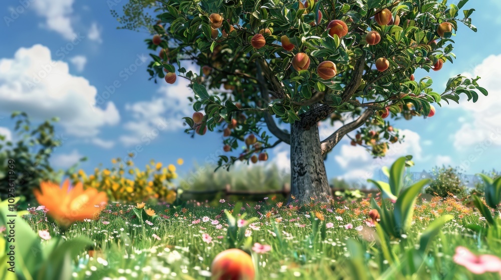 Sticker Vibrant Apple Tree in Blooming Meadow Under Clear Sky