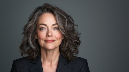 Obraz premium Confident Middle-Aged Businesswoman Smiling in Stylish Blazer for Professional Headshot, Expressing Approachability