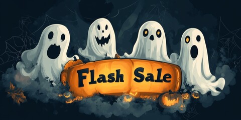 [Spooky ghosts, glowing pumpkins, and bold "Flash Sale" text surrounded by eerie fog and cobwebs], on a dark background, high resolution, high detail, masterpiece, best quality, high definition, poste