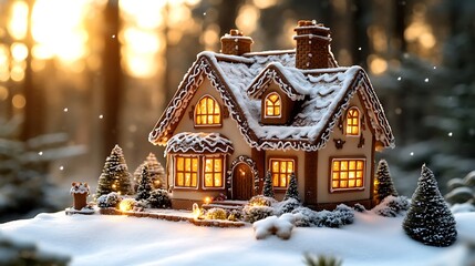Charming Gingerbread House in Snowy Forest Setting