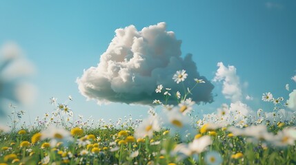 Obraz premium A small, fluffy cloud above a field of daisies.