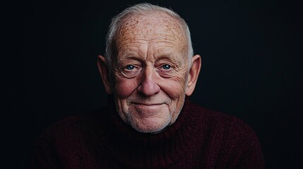 Obraz premium Portrait of an Elderly Man Exuding Joy and Warmth in Studio Setting, Close-Up Shot Showing Laughter Lines