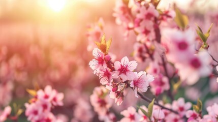 Obraz premium Beautiful Cherry Blossom Flowers in Soft Sunset Light
