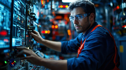 focused technician operates complex machinery in control room, showcasing expertise and precision in high tech environment. atmosphere is illuminated by various screens and controls, emphasizing