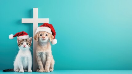 Naklejka premium A Christmas cross with a cute puppy and kitten sitting on either side, each wearing a Santa hat.