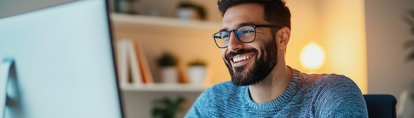 Obraz premium Cheerful man working on a computer, enjoying his time indoors with a bright ambiance.