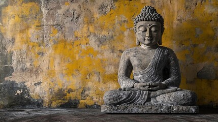 Ancient stone Buddha statue against abandoned temple yellow wall. Buddhism religion and historical sculpture concept. Religious decor for wallpaper, banner, poster with copy space 