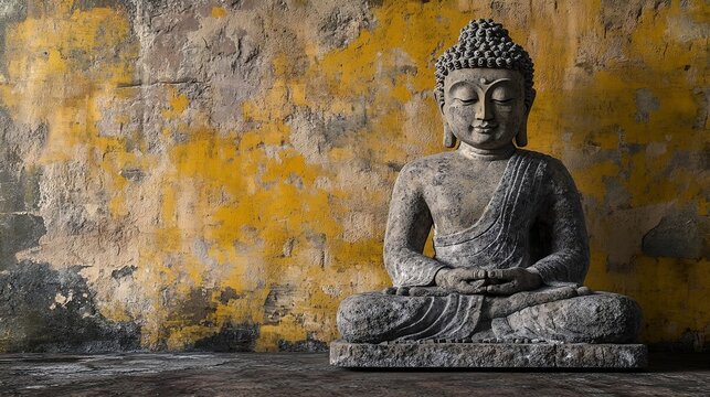 Ancient stone Buddha statue against abandoned temple yellow wall. Buddhism religion and historical sculpture concept. Religious decor for wallpaper, banner, poster with copy space 