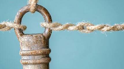 Closeup of Rope Tied Through Metal Ring on Blue Background