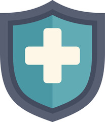 Shield is covering a white cross, representing health insurance coverage and medical protection