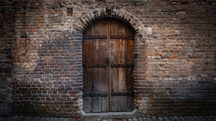 Rustic Wooden Door on Old Brick Wall