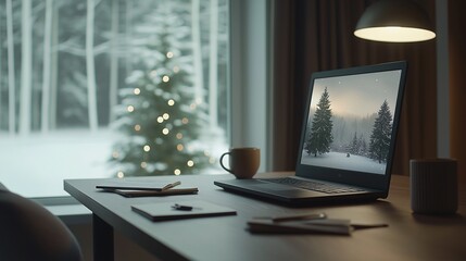 Fototapeta premium Cozy Winter Workspace with Holiday Atmosphere