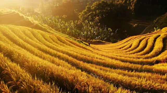 A stunning view of golden rice fields ready for harvest, showcasing the intricate geometric patterns formed by the meticulously arranged rows of crops.