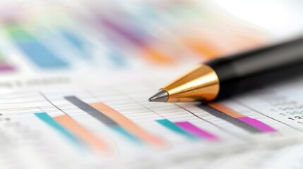 A close-up of a pen resting on a financial document with graphs, showcasing analysis and data interpretation.