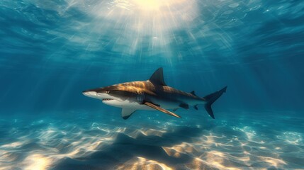 Fototapeta premium A graceful shark glides through crystal-clear waters, illuminated by sunlight filtering from above, showcasing the beauty of the underwater world.