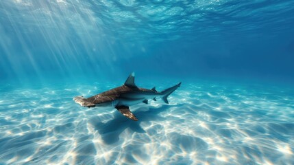 Obraz premium A majestic shark glides elegantly through clear blue waters, illuminated by sunbeams and casting shimmering reflections on the sandy ocean floor.