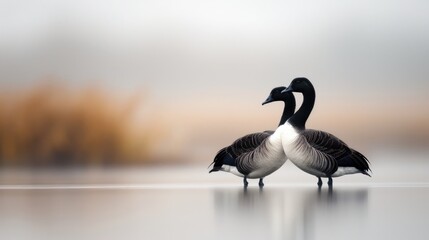 Fototapeta premium Two elegant loons stand gracefully in still water, their elongated necks forming a romantic silhouette against a soft, misty backdrop.