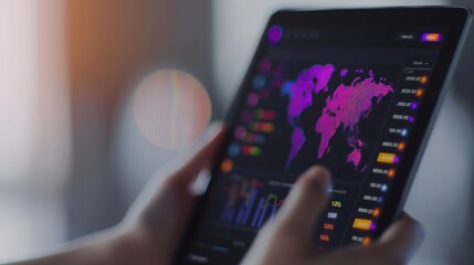 A person examines a digital world map on a tablet, showcasing vibrant data visualizations and analytical information.