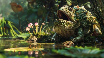 Fototapeta premium A Spiky Green Frog with Open Mouth in a Swamp