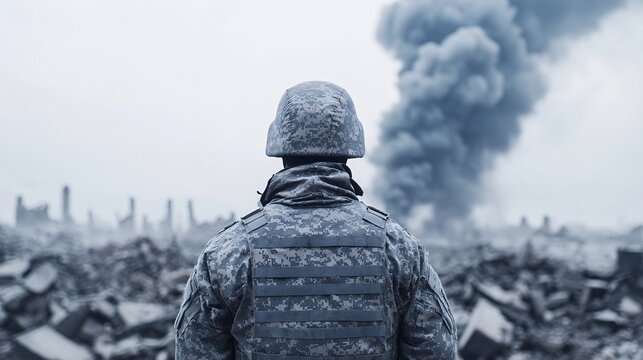 Soldier Contemplating Destruction: A Lone Figure in Military Attire Amidst Ruins and Smoke, Casting Harsh Shadows in Somber Atmosphere