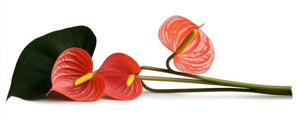 Vibrant red anthurium flowers with lush green leaves on a white background, highlighting their unique shape and elegance.