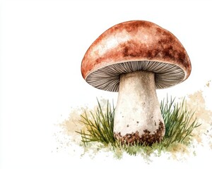 A beautifully illustrated mushroom, showcasing intricate details of its cap and stem, surrounded by delicate green grass, set against a white isolated background.