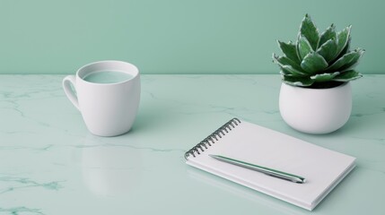 A relaxing workspace featuring a white mug, a notebook with a pen, and a succulent plant on a mint-green surface.