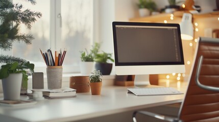 Cozy Modern Workspace with Plants and Desktop Computer