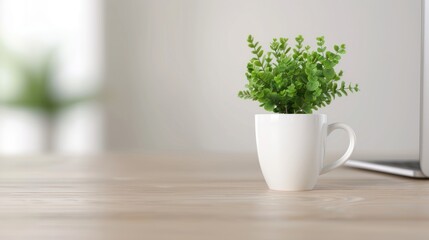A small green plant in a white mug sits on a wooden table, adding a touch of nature to a modern workspace.
