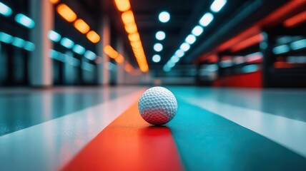 A close-up of a golf ball resting on a colorful lane, illuminated by striking blue and orange lights in a modern indoor setting, showcasing the vibrant ambiance of leisure sports.