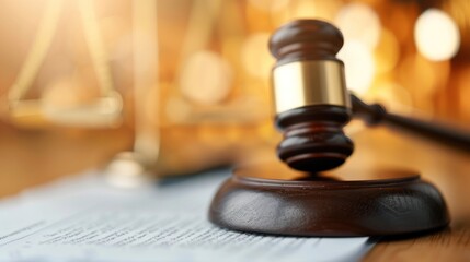 A gavel rests on legal documents, symbolizing justice and the judicial system, set against a softly blurred background of scales of justice.