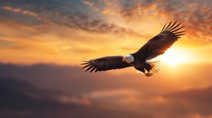 A majestic eagle soars through a vibrant sunset sky, showcasing its powerful wings against a backdrop of warm colors.