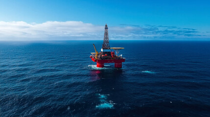 Offshore oil rig stands tall in ocean, showcasing its impressive structure against clear blue sky. scene captures vastness of sea and engineering marvel of rig