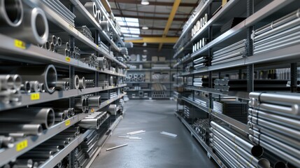 Fototapeta premium Metal pipes and tubes stacked on shelves in a warehouse