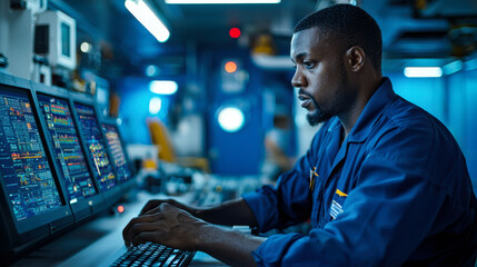 Fototapeta premium focused technician operates advanced control systems in offshore platforms control room, showcasing blend of technology and expertise