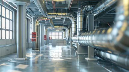 Obraz premium Industrial Corridor with Exposed Pipes and Shiny Floor