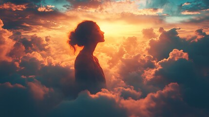 Obraz premium Silhouette of a woman standing in the clouds at sunset.