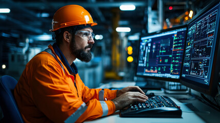 focused worker in orange safety uniform and helmet operates multiple computer screens in control room, showcasing high tech environment