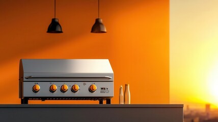 A sleek, modern grill showcased against an orange wall, perfect for summer cookouts and outdoor gatherings, highlighting its shiny stainless steel surface and elegant design. 3d rendering.