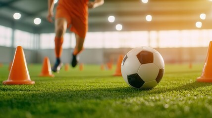 A soccer ball resting on green field turf, with training cones in the background as a player practices skills indoors, capturing the essence of sports training and teamwork.