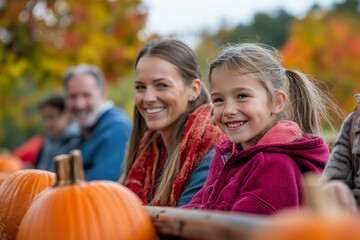 Fototapeta premium Family enjoying a hayride amidst vibrant autumn foliage in a rural setting