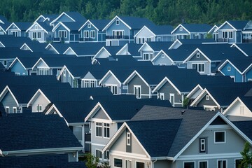 Endless rows of identical housing units, with copy space